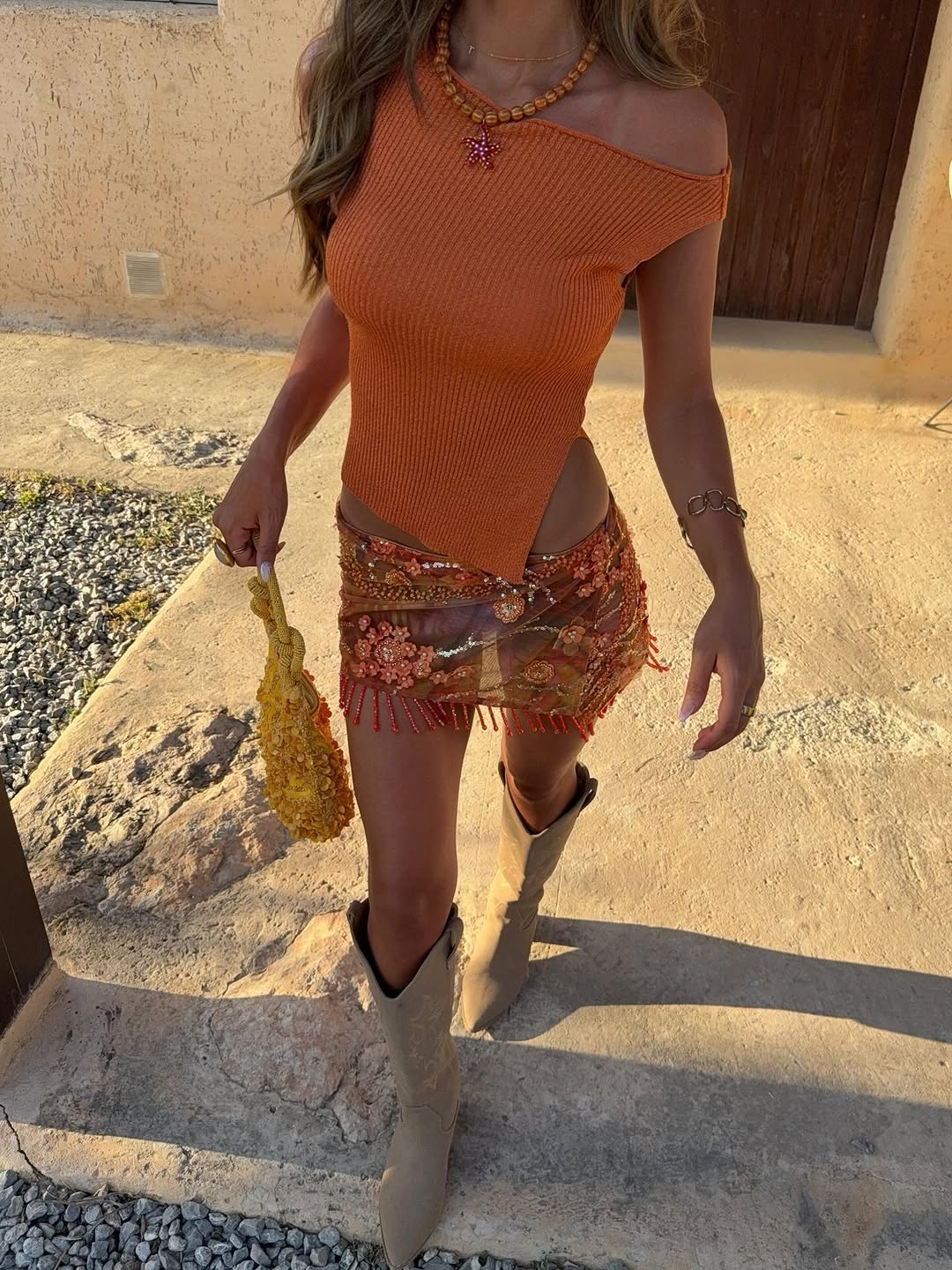 Embellished orange wrap skirt