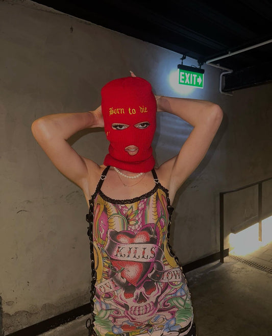 Red embroidered ski mask