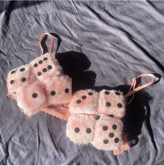 Pink fluffy dice bra