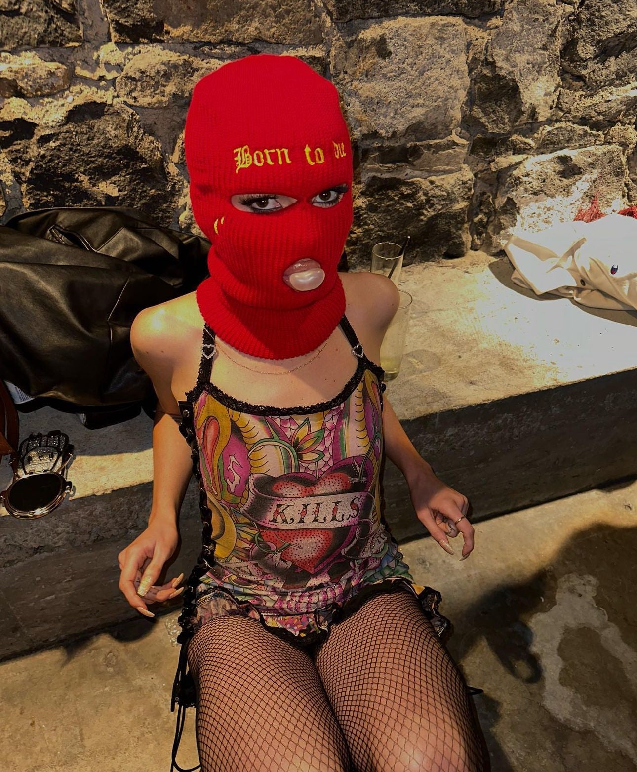 Red embroidered ski mask