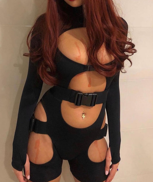 Black buckled unitard